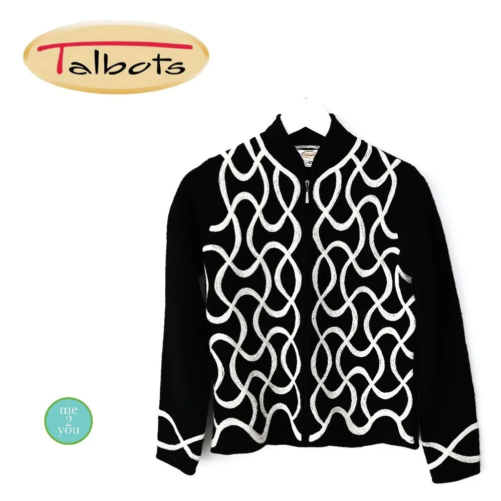 TALBOTS Black Zip Up Sweater Jacket with White Sartouche Braid - Size PM - Picture 3 of 14